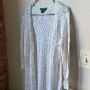 Lauren by Ralph Lauren White Crochet Linen & Cotton Cardigan, Size Large cottage